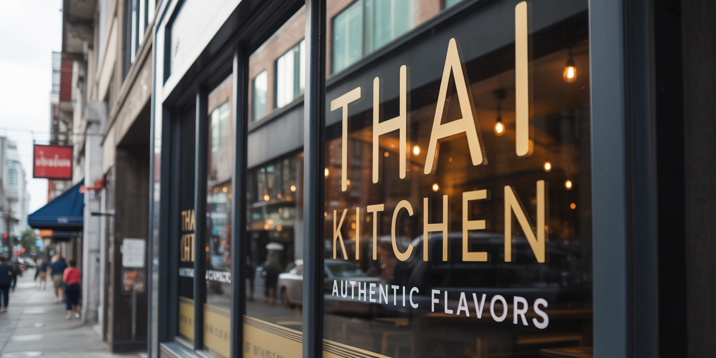 Modern Thai restaurant storefront with professional window graphics in Boynton Beach